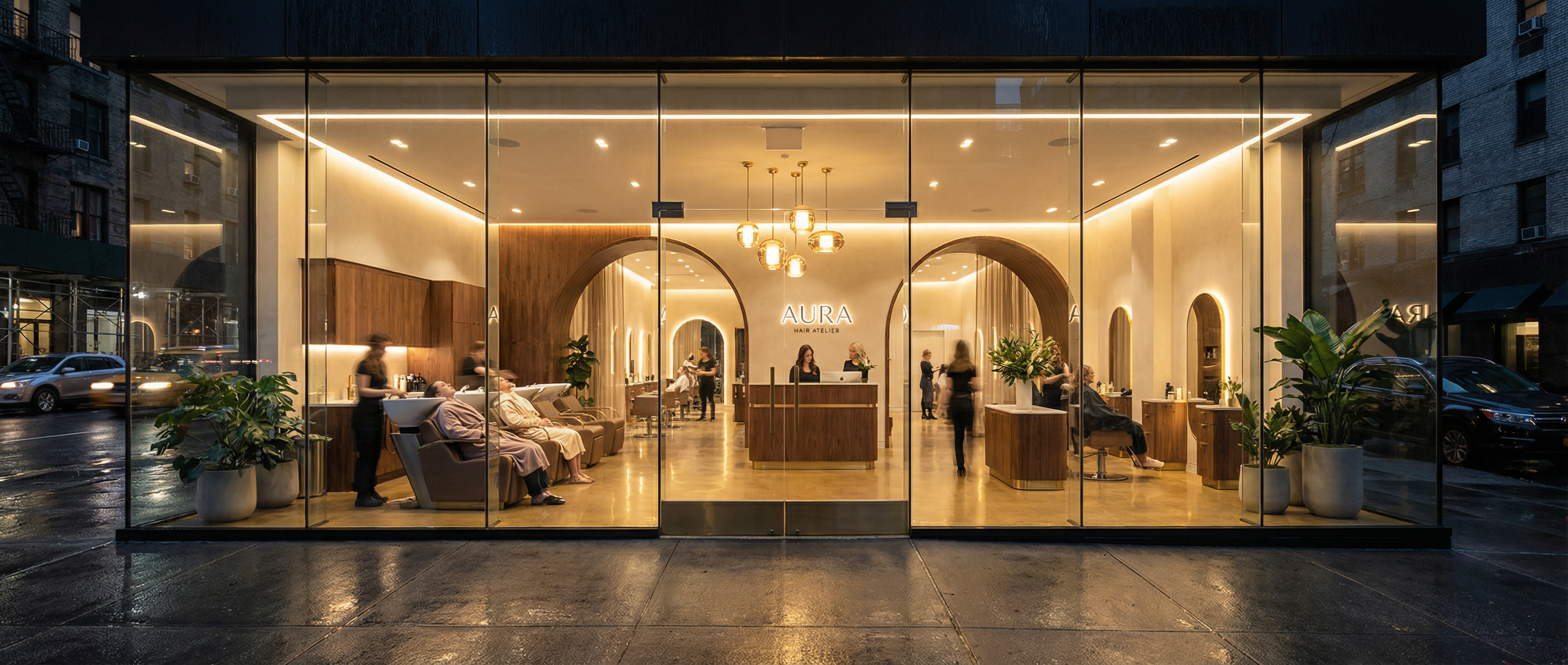 Salón de belleza iluminado de noche